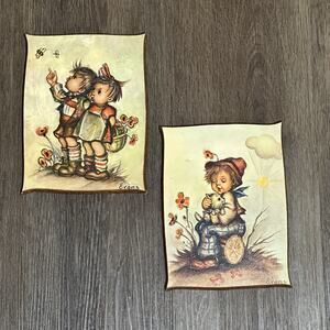 Vtg German Folk Art Hummel Style Child Wall Decor Wooden Plaques Pictures Set 2